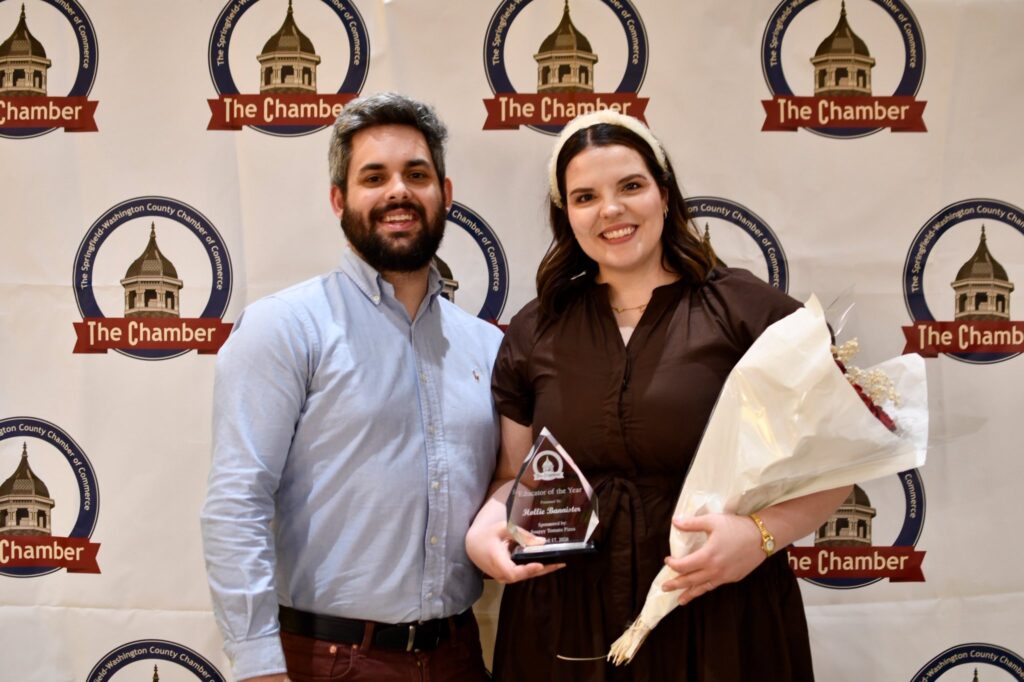 Hollie Bannister with husband Daniel awarded The Springfield Washington County Chamber of Commerce 2026 Educator of the Year award